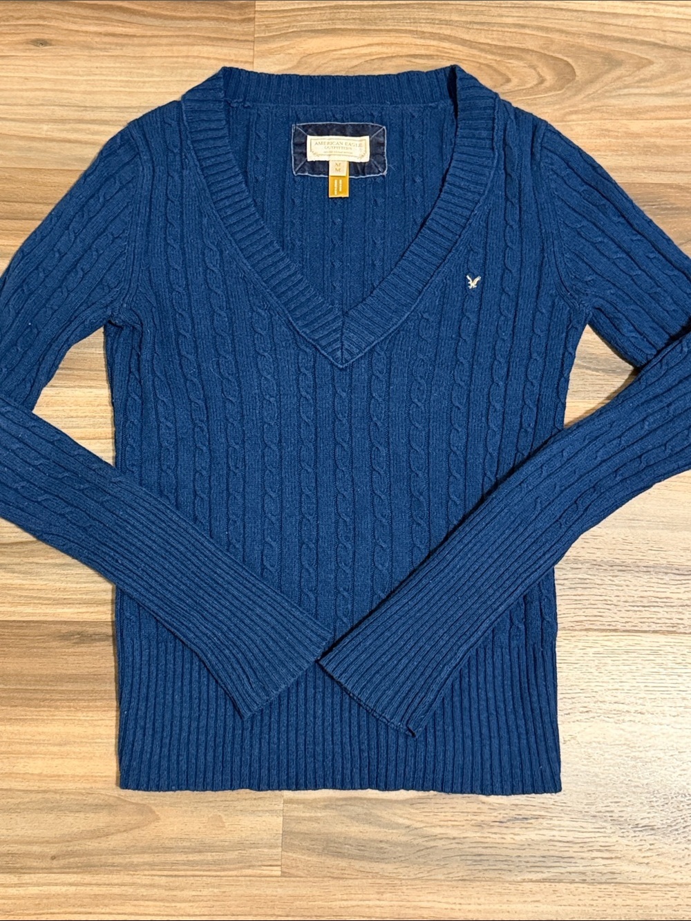 Vtg. Y2K American Eagle Fitted L/S Wool Blend Cable Knit Navy Sweater Women’s M